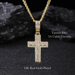 Chrysmos 14K Gold Plated Cross Necklace, men and women, Cuban Chain with Cross Pendant, 24 Inch Long, Christian Religious Jewelry Gift