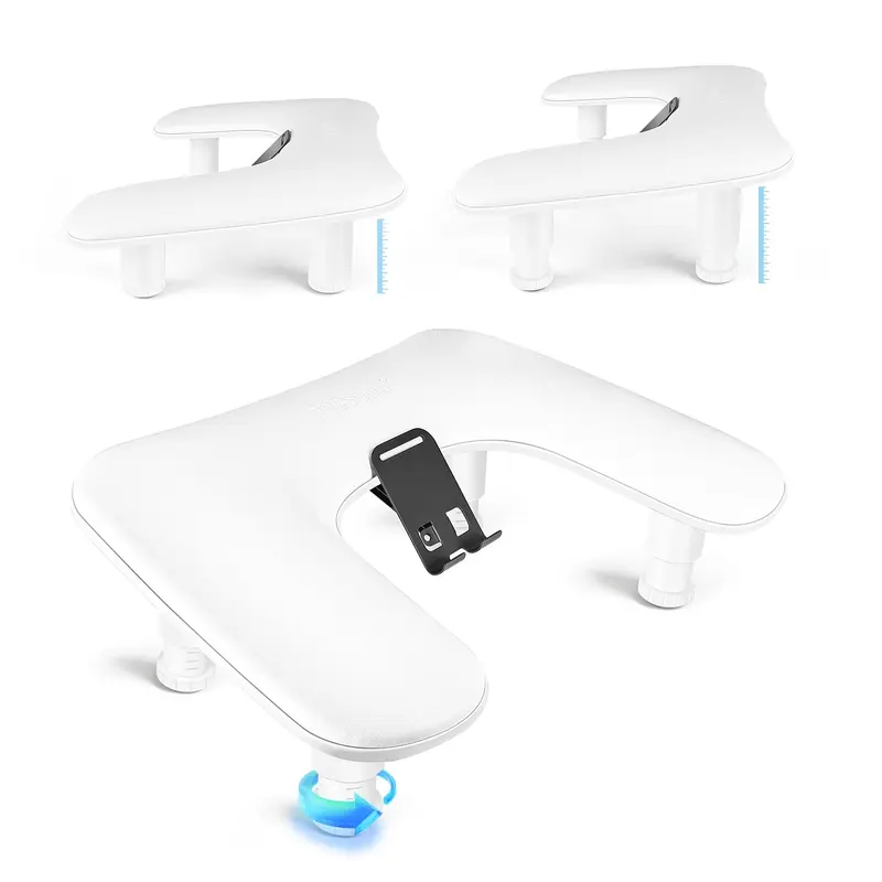 JODSONE White Ergonomic U-Shaped 3-Level Nail Care Arm Rest with PU Cushion for Nail Techs, Durable 360° Rotating Built-In Phone Holder, Easy-to-Clean Adjustable Detachable Home Salon Handsfree Tool