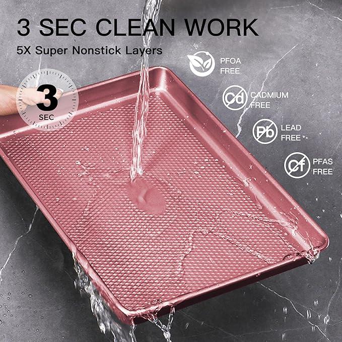 [BF&CM]HONGBAKE Diamond-Texture Baking Sheet Pan Set, Non-Stick Cookie Sheets, Teflon-Free Heavy Duty Bakeware - 3 Sizes, Baker, Pink Kitchenware Cooking