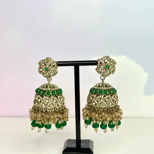 Meera Bollywood Stonework Jhumka Earrings with Green Gems and Intricate Design for Festive Wear