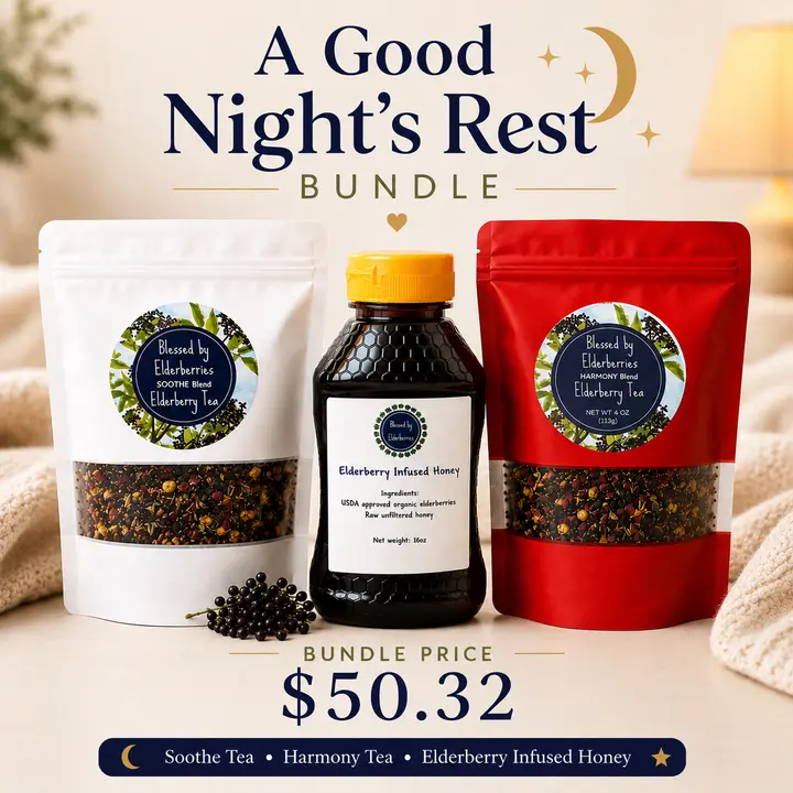 A Good Night's Rest Back to School Bundle, 4oz Soothe Elderberry Herbal Tea, 4oz Harmony Elderberry Herbal Tea, 16oz Elderberry Honey