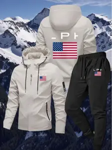 Men's Sportswear 2-Piece Set, Alpha Logo American Flag Print Jacket & Pants, Casual Long Sleeve Flight Jacket & Leisure Trousers