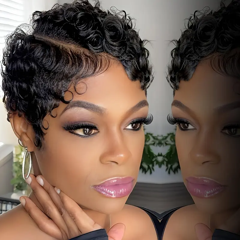 Hot Sell New Chic 6-Inch Curly Wave Pixie Cut Wig for - 150% Density Brazilian Remy Human Hair, 13x4x1 Lace Front & T Lace Side Part, Short Layered Bangs, 1B Color for Parties, Cosplay & Daily Wear, Lace Front Wig