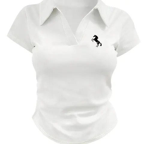 Women's Polo Shirt, Short Sleeve, Slim Fit, Horse Print, Elastic Fabric, Collar Design, Summer Wear, Collared Polo Shirts, Casual Polo Shirts, Casual Polo Top, Fashionable Women's Clothing