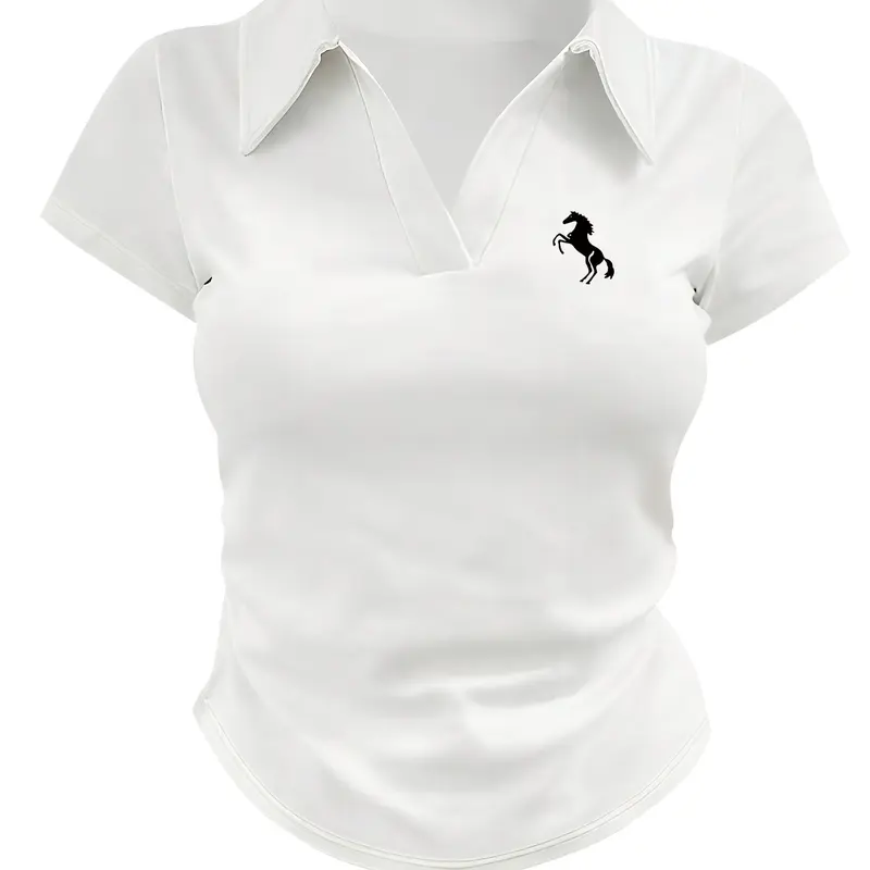 Women's Polo Shirt, Short Sleeve, Slim Fit, Horse Print, Elastic Fabric, Collar Design, Summer Wear, Collared Polo Shirts, Casual Polo Shirts, Casual Polo Top, Fashionable Women's Clothing