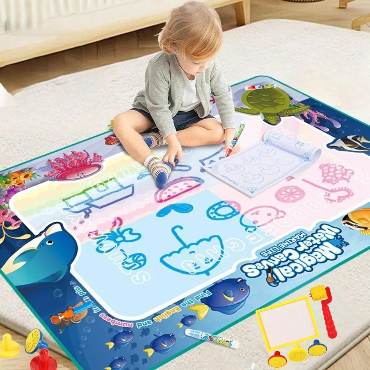 Educational Cute Cartoon Magic Water Drawing Mat, Large Absorbent Watercolor Painting Mats with Accessories Kit, Ideal Birthday Gift, Craft Supplies,
