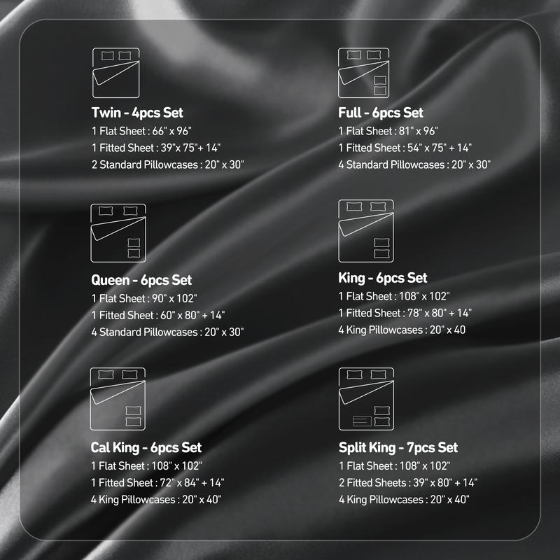 6 Piece Solid Color Satin Sheets Set (1*Flat Sheet + 1* Fitted Sheet + 4*Pillowcases), Luxurious And Silky With Natural Sheen