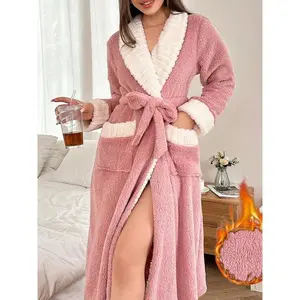 Women's Colorblock Thermal Bathrobe, Casual Soft Comfortable Long Sleeve Dressing Gown for Fall & Winter, Lady's Sleepwear for Indoor Wear(Sheets)