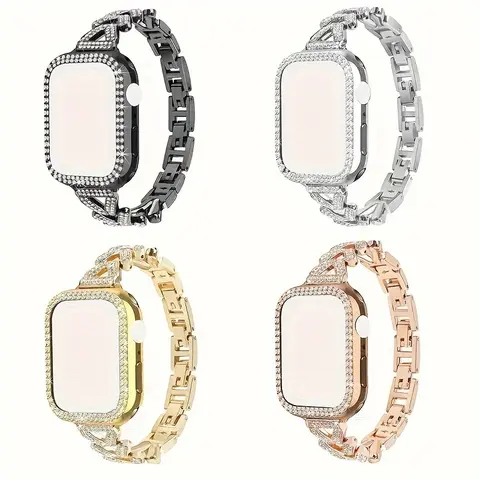for Apple Ultra/Ultra2/Ultra3/11/10/9/8/7/6/5/4/3/2/1/SE Spikes with Rhinestone Alloy Strap + Double Row Rhinestone Case 38/40/41/42/44/45/46/49mm, Diamond, Accessories