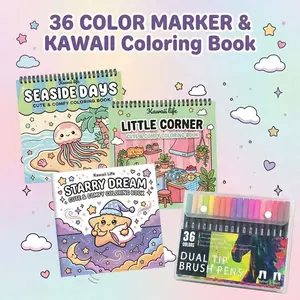 36-Color Marker Coloring Book Set, Dual Tip Markers, Brush Markers - Seaside Days & Starry Dream Theme, Super-Sensitive Paper for Stress Relief & Relaxation | Vivid Illustrations for Teens, Adults & Seniors | Perfect Gift for Birthdays & Holidays
