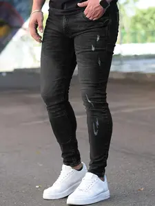 Men's black washed holey denim long pants Casual Fabric
