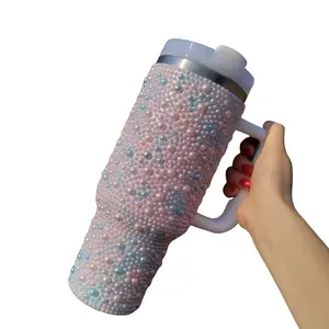 Purple Pearl Studded Tumbler – 40oz Reusable Water Bottle with Handle & Lid