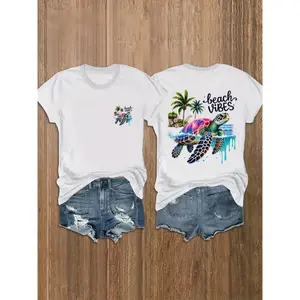 Beach Vibes Sea Turtle Graphic Tee For Women Cute Summer Vacation Shirt Casual Short Sleeve Crewneck Oversized Fit Soft Trendy Coastal Outfit