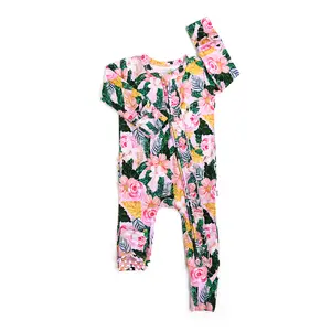 Luana RUFFLE ZIP Super Soft Floral Bamboo Viscose Zipper One Piece with Mitten Cuff & Fold-over Foot for Easy Diaper Changes