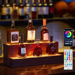 W2178P 163142 High-Quality Walnut Wood LED Lighted Liquor Bottle Display Shelf 20 Inch Bar Shelf with App & Remote Control for Home Bar Party Modern Decor