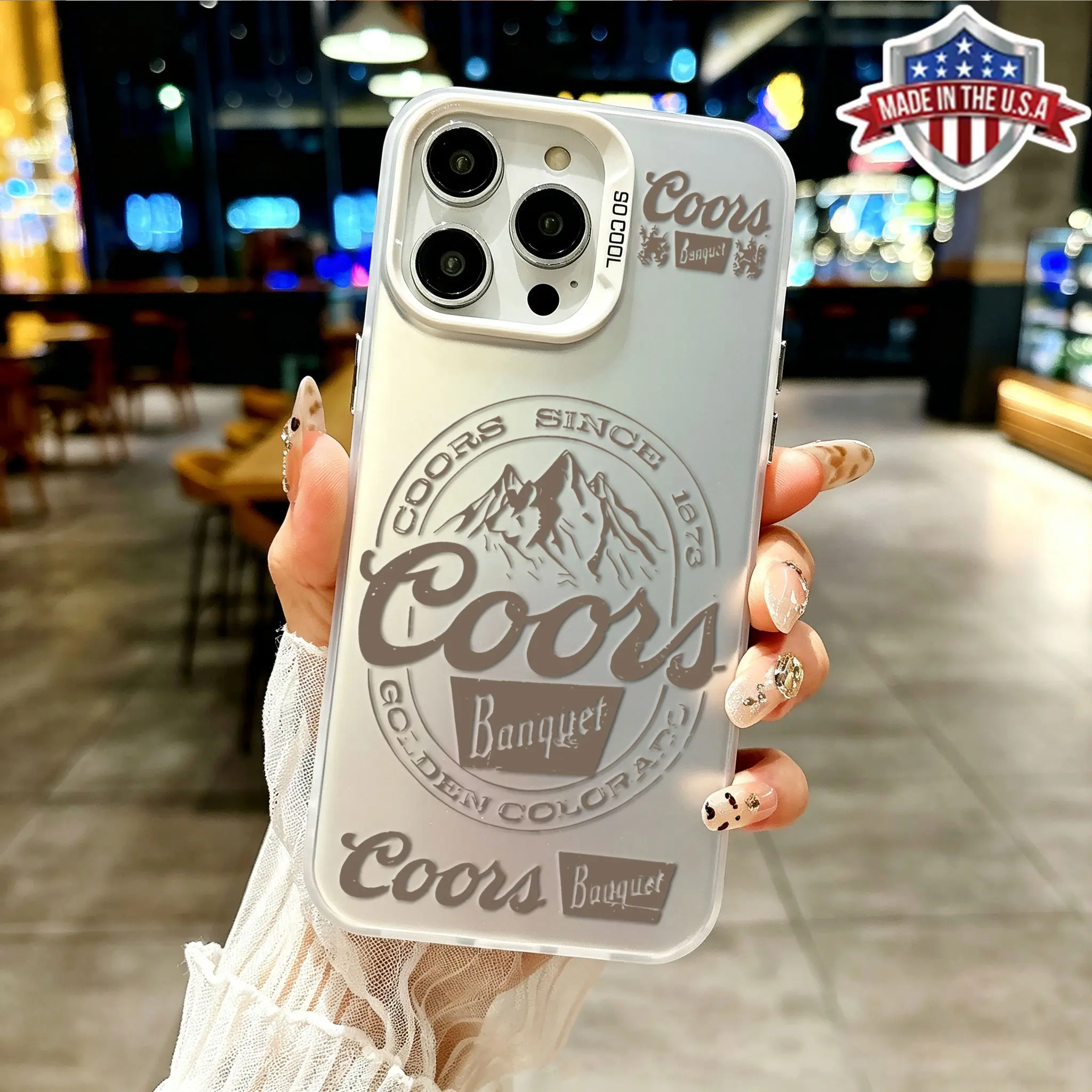 Vintage Distressed Coors Banquet Mountain Stamp Logo Phone Case, Retro Western Beer Brand Golden Colorado Grunge Graphic Matte Phone Cover, Color Matching Camera Frame Full Lens Protection Shockproof Anti-Scratch Case iPhone11 12 13 14 15 16 17 Pro Max, S