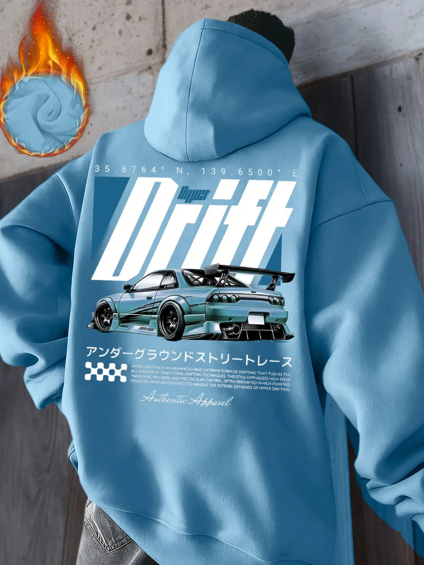 Hyper Drift Themed Blue Hoodie, Sweatshirts, Oversized Comfortable Long Sleeves Pullover with JDM Performance Car Print, Casual Streetwear for Teens & Adults’ Leisure Outings