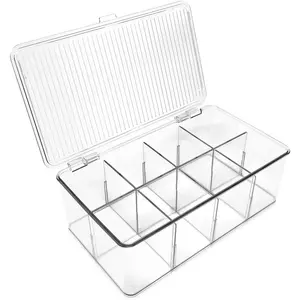 Divided Clear Plastic Organizer (10.88" x 6.63" x 3.75") w/Hinged Lid & Removable Dividers, Stackable Box for  Bags, Office Supplies, , ,  Safe Pantry Container
