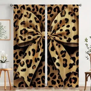 2-Piece Leopard Print Bow Tie Curtains, Fashionable Rod Pocket Window Drapes for Bedroom & Living Room, Comfortable Atmosphere, Easy Installation