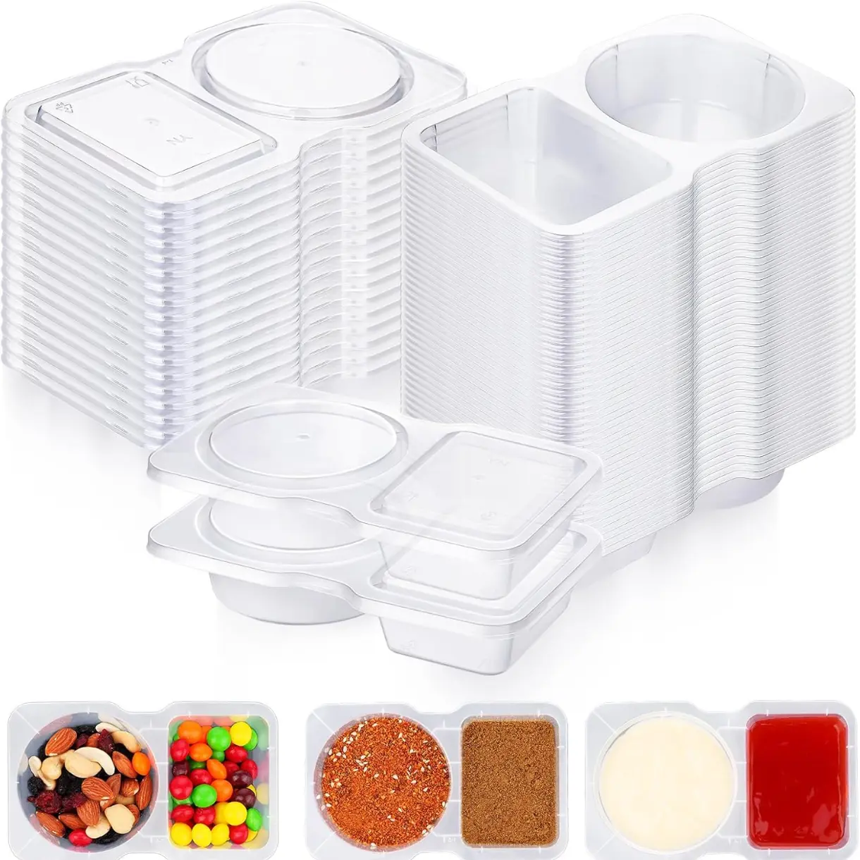 50 Pack Double Compartment Condiment Containers with Lids, Disposable 2 Compartment Snack Containers, Small Plastic to go Cups for Sauce Dressing Dip, Reusable Mini Snack Pack Container, 60+70ml