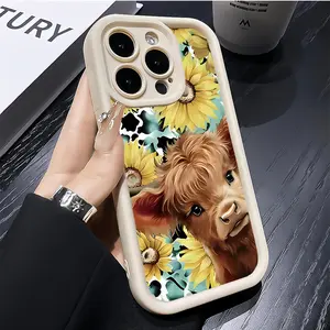 Cute Sunflowers Highland Cow Pattern TPU Phone Case for iPhone 17 16 15 14 Pro Max 13 12 11 Air Plus Shockproof Full Camera Protection Durable slim Silicone Cover Cellphone Protective Smartphone Casing