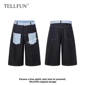 TELLFUN Menswear Cotton Colorblock Asymmetrical Y2K Mid-Waist Loose-Fit Cropped Trouser, 7-Point Wide-Leg Unisex Denim Pants for Daily Casual & Streetwear