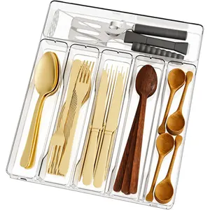 Clear Silverware Organizer for Kitchen Drawers,BPA Free Cutlery Drawer Organizer,6 Slots Plastic Utensils Organizer Suitable as In-Drawer Silverware Holder and Tray,Flatware,Knife,Fork,Spoon Organizer