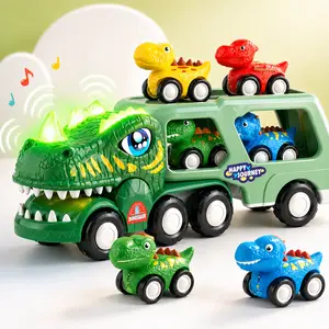Dinosaur Transport Truck Toy with 4 Mini Pull Back Cars Light and Sound Friction Powered Dino Carrier for Kids