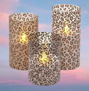 Wild Leopard Animal Print Flameless LED Glass Pillar Candles, Set of 3, 6-Inch Decorative LED Candle, Battery Operated Home Décor, Safari Style Accent Lighting