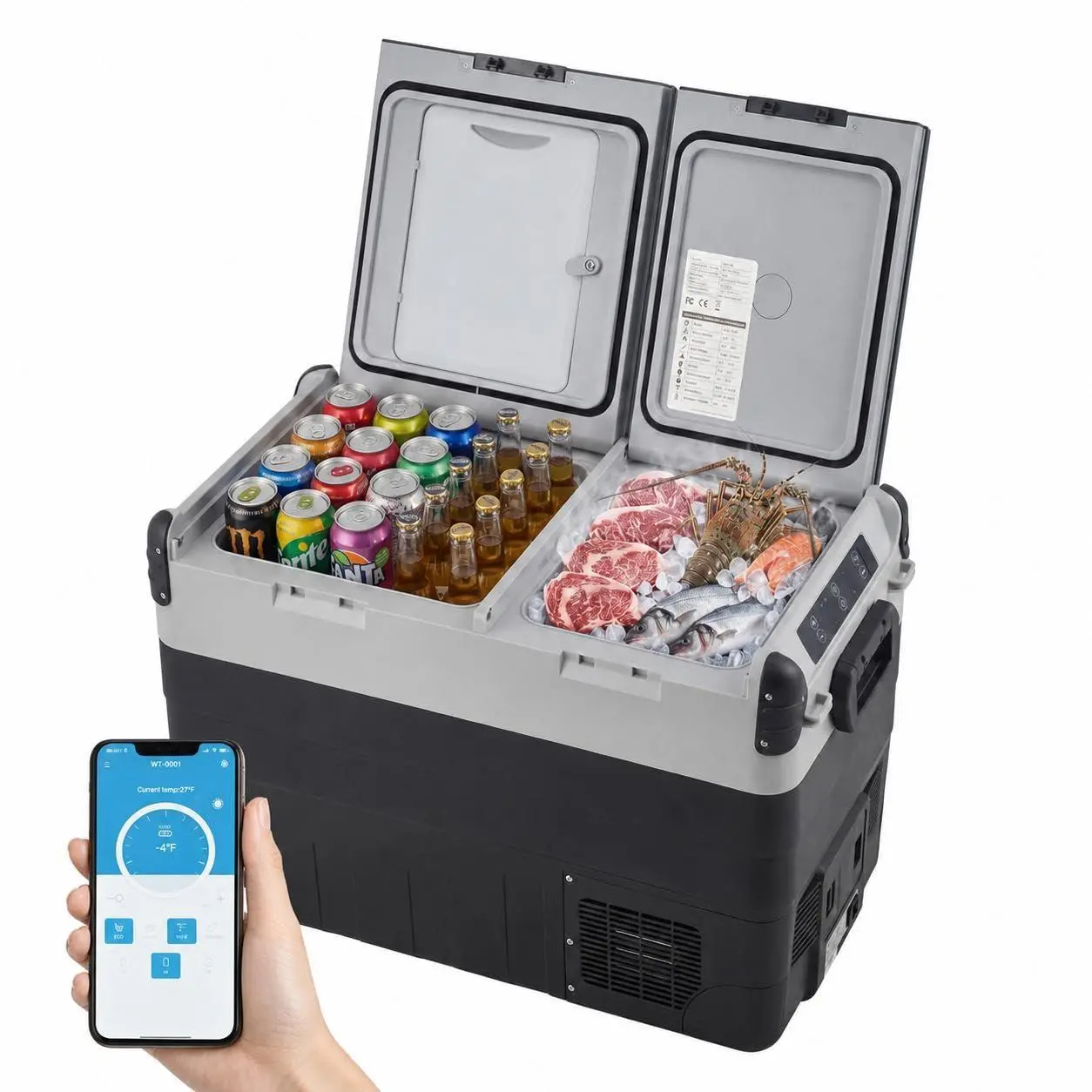 53QT(50L) Dual Zone 12V Car Refrigerator, Portable Compressor Freezer with APP Control, -4°F to 68°F Fast Cooling for Camping, Truck, RV & Home Use