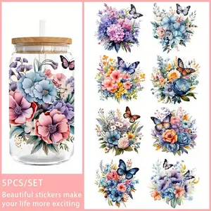 5Pcs/Set Flowers 16oz Transfer Paper UV DTF High Self-adhensive Decor Wraps Transfer Paper Applied To 16 oz Glass Jars