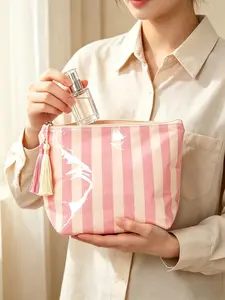 Pink Striped Cosmetic Bag with Tassel, Waterproof Cute and Practical Cosmetic Bag, Portable Zipper Women's Toiletries Organizer, Perfect for Travel, Beach and Daily Use