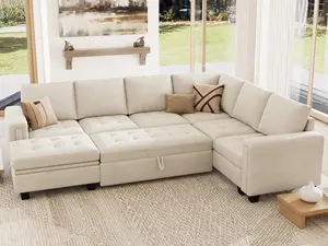 Belffin Modular Sectional Sleeper Sofa with Pull Out Bed U Shaped Sectional Sofa Couch with Storage Ottoman Velvet Covertible 7-Seater Sofa for Living Room