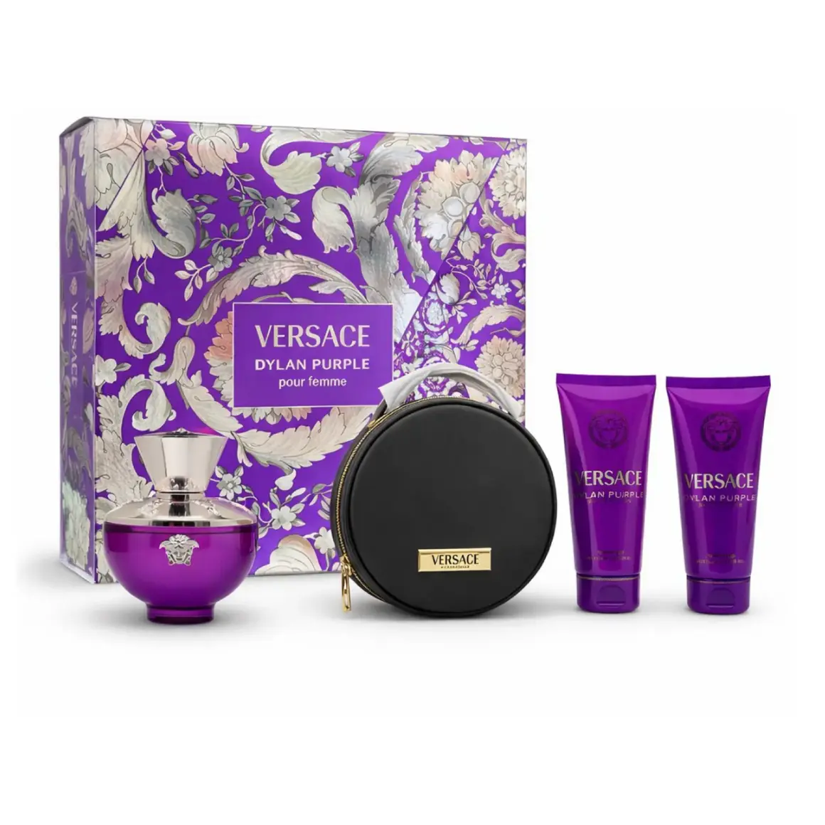 Versace Dylan Purple Gift Set 04 pieces for Women, Lotion, Body Care, Bergamot, Shower Gel, Cedar, Citrus, Female Use, Edp, Multi-Pack