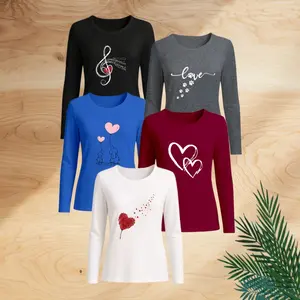 Women's Five-Piece Clothing Set, Heart-Patterned T-Shirt, Women's Round-Neck Short-Sleeved Top, Simple And Elegant Versatile Top, Women's Multi-Color Long-Sleeved Top, Machine-Washable Print, Street Style.
