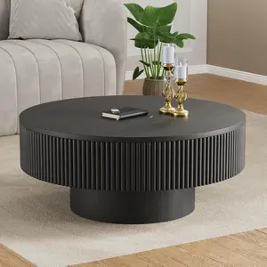 YOUDENOVA 31/35" Round Fluted Coffee Table Modern Wood Circle Veneer Handcrafted Relief Tea Table with Sturdy Pedestal for Living Room Black MDF Material Easy Assembly rios  interiors