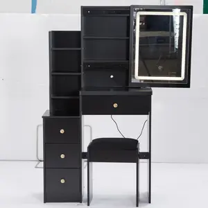 29.2" Small Size Left Bedside Cabinet Vanity Table + Cushioned Stool, Large Sliding, Touch Control, Tri-color Switching, Brightness Adjust LED Mirror, High Capacity Storage, Suitable for Small Space vanity  without  let vanity  with  chair
