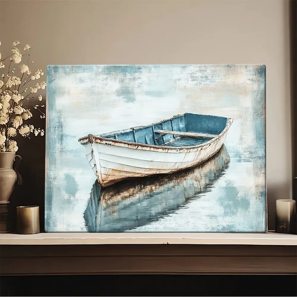 Retro Pattern Canoe Canvas Wall Art with Pine Wood Frame, High-Res Print, Customizable Multi-Size Decorative Colorful Modern Home Decor for Living Room, Bedroom, Multi-Sizes
