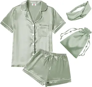 WJing Yi Jia 4Pcs Womens Satin Silky Pajama Sets Short Sleeve Shirt XS-4XL Floral Pajamas Set Soft PJ Loungewear Sleepwear