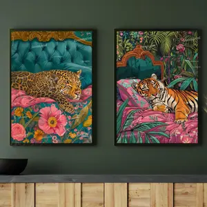Tiger And Leopard Jungle Print Set – Maximalist Animal Wall Art – Vintage Glam Bedroom Decor – Junglecore Gallery Wall – Dopamine Decor, Room Decor, Unframed