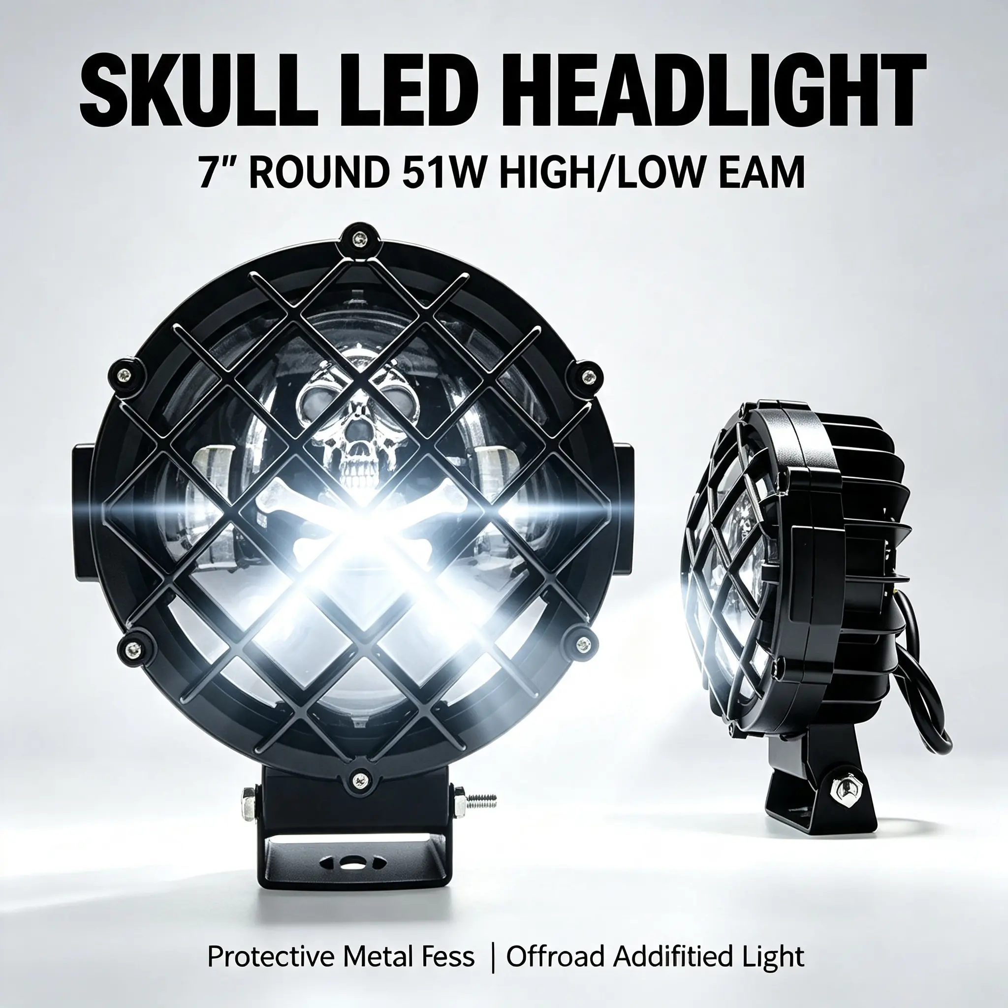 7 Inch Round LED Skull Headlight with Protective Mesh Grille, 51W High Low Beam Headlamp, Offroad Modified Light Compatible with Jeep Wrangler, Harley Motorcycle, 4x4 Truck