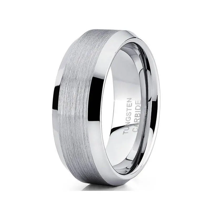 White Tungsten Ring for Men Flat Satin Finish and Polished Beveled Edges | 8mm