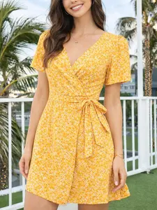 Rosegalette Woman's Ditsy Floral Print Mini Dress Bowknot Ruffles Off-Shoulder - Asymmetrical Silhouette, Plunging Neck, Short Sleeves, Spring Summer Fashion for Daily & Vacation Wear summer yellow polka dot dress secschools dress