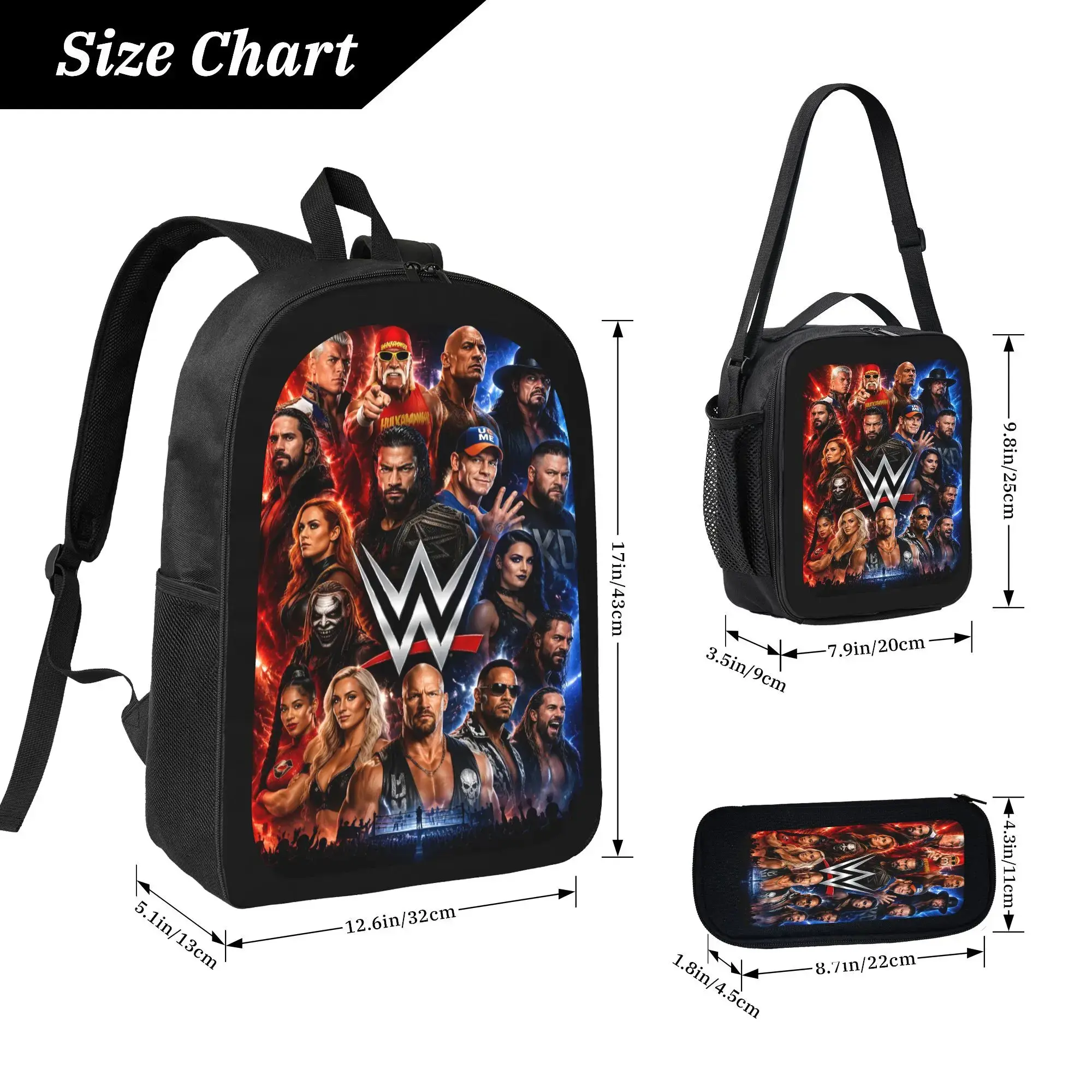 WWE American Undertaker 3-piece backpack set, large-capacity bag inspired by a wrestling legend, includes lunch bag and pencil case, ergonomic shoulder straps, lightweight, no wheels, strong visual identity for students, street-style travel gift, geek bag