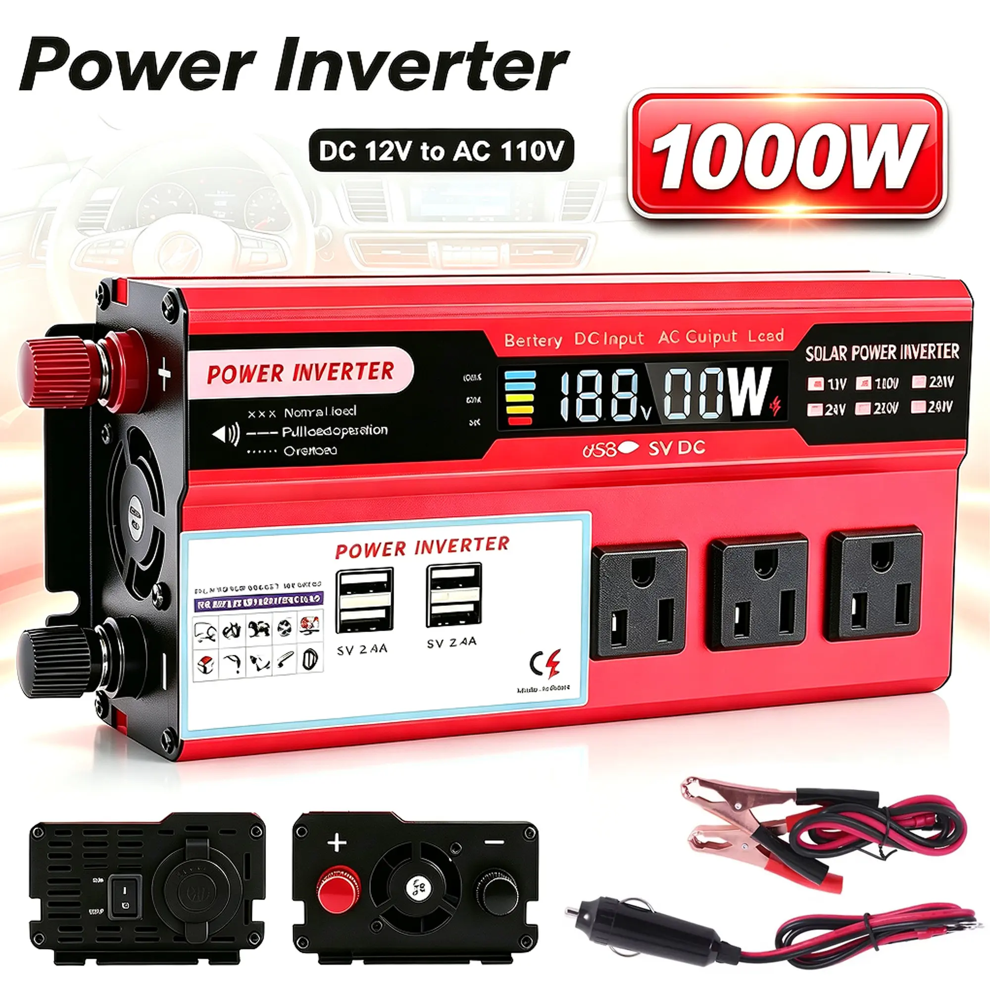 1000W Power Inverter, DC 12V to AC 110V Car Power Converter with Digital Display, Multiple AC Outlets & USB Ports, Portable Power Supply for Car RV Camping Outdoor Emergency Use