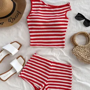 Women's Striped Pattern Tank Top & Shorts Two-piece Set, Casual Sleeveless Top & Shorts for Daily Wear, Ladies Clothes for All Seasons