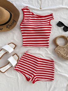 Women's Striped Pattern Tank Top & Shorts Two-piece Set, Casual Sleeveless Top & Shorts for Daily Wear, Ladies Clothes for All Seasons, Womenswear, Outfit