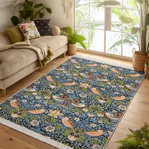 [NEW ARRIVALS] Strawberry Thief Area Rug -William Moris Blue Gothic Carpet - Bird Bush Art Antislip Mat-Hydrangea Washable Rug- Artisan Blue Doorway Runner