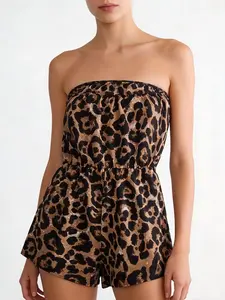 Women's Summer Fashion Leopard Print Halter Top Romper, Slim-Fitting Vacation, Stylish One-Piece Jumpsuit for Casual Wear