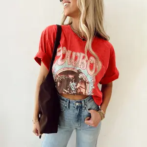 Women's Casual Chic Short-Sleeve T-Shirt, Tomato Red Western Cowboy "Take Me Away" Graphic Loose Top